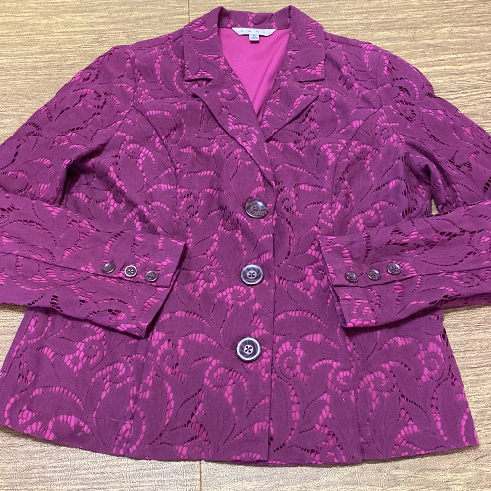CAbi 128 Frolic Jacket in Plumberry Lace Womens Size 6 Lace Overlay Blazer